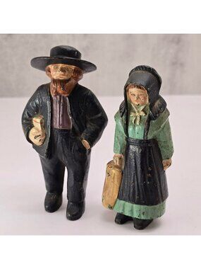 Vintage Amish Couple Cast Iron Figurines Hand-Painted Rustic Folk Art CM2358